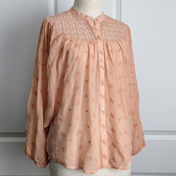 Lucky Brand Tops - Lucky Brand Blouse Embroidered Semi-Sheer Lace Button Front Rose Tan S/M NWT